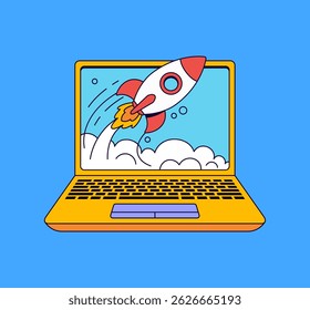 Rocket blasting off from a laptop screen, symbolizing startup launches, innovation, or digital growth cartoon vector illustration