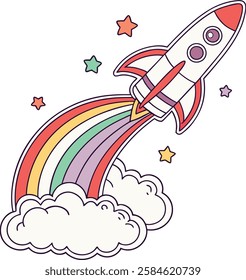 A rocket blasting off with rainbow smoke, eps file, kids friendly graphic