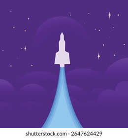 Rocket blasting through purple cosmic clouds, perfect for futuristic designs, space exploration themes, and technological concepts in websites or presentations.
