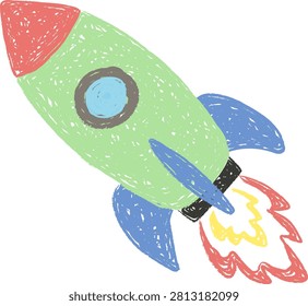 Rocket blasting upward with flame, childlike crayon strokes and rough texture. Symbol of imagination, adventure, startup and ambition. Cartoon vector illustration.