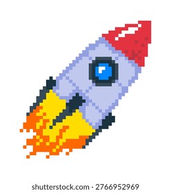 Rocket blasting upward with glowing window and fiery exhaust in retro 8-bit blocks. Symbol of startup, growth, ambition, speed, and breakthrough. Cartoon vector illustration.