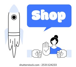 Rocket with blue fins, Shop sign in a blue speech bubble, and a woman with raised hand and two clasped hands. Ideal for online shopping, communication, business, startup, and e-commerce themes