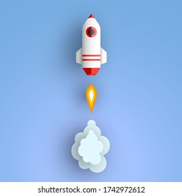 Rocket in blue sky. Vector illustration.