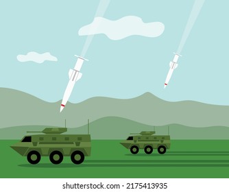 caen cohetes o bombas sobre vehículos de la apc en el terreno, vehículos blindados de transporte de tropas, vehículos militares, taxis de combate, ilustración vectorial 