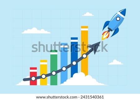 Rocket boosts financial growth on bar graph, illustrating exponential growth, compound interest, and rising wealth or earnings, similar to increase in business sales or profits