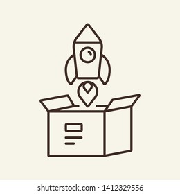 Rocket box line icon. Spaceship getting off package. Startup concept. Vector illustration can be used for topics like new project, launch, business