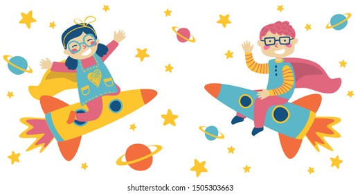 Rocket boy and girl. Happy children fly in space, waving hand. Planets, stars on the background. Superhero Kids Concept. Colorful vector illustration in cartoon style