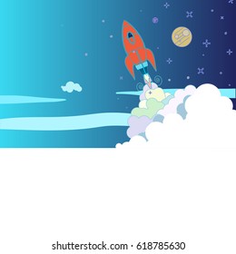 Rocket breaking through the clouds on the edge of space with the moon and stars and planets above.