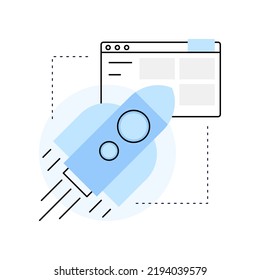 Rocket with a browser window. Start up. Simple light flat illustration. Vector file.