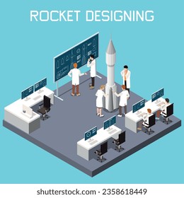 Rocket building isometric concept with scientists during designing process vector illustration