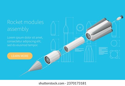 Concepto isométrico de construcción de cohetes con módulos de naves espaciales ensamblando ilustración vectorial