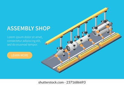 Rocket building isometric concept with spaceshipn assembly shop vector illustration