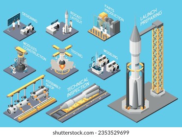 Isoometrischer Satz für Raketenabbau mit Raumgestaltung und Start isolierter Vektorgrafik