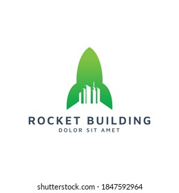 rocket and building negative space logo design