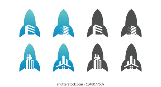 rocket and building negative space logo design