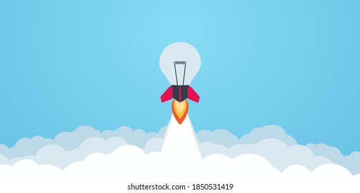 Rocket bulb launch in the sky flying. Business concept. Simple modern cartoon design in flat style