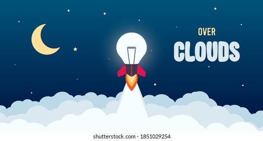 Rocket bulb launch in the sky flying. Business concept. Simple modern cartoon design in flat style