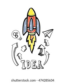 rocket bulb paperplane big and great idea creativity icon set. Sketch and draw design. Vector illustration