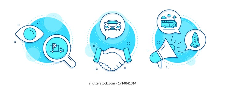 Rocket, Bus travel and Car line icons set. Handshake deal, research and promotion complex icons. Truck parking sign. Spaceship, Transport, Free park. Transportation set. Vector