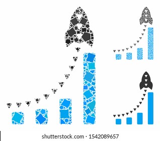 Rocket business bar chart composition of bumpy parts in variable sizes and color tints, based on rocket business bar chart icon. Vector trembly parts are grouped into composition.
