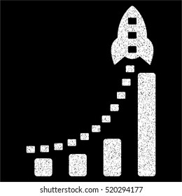 Rocket Business Bar Chart grainy textured icon for overlay watermark stamps. Flat symbol with unclean texture. Dotted vector white ink rubber seal stamp with grunge design on a black background.