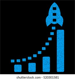 Rocket Business Bar Chart grainy textured icon for overlay watermark stamps. Flat symbol with dirty texture. Dotted vector blue ink rubber seal stamp with grunge design on a black background.