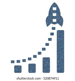 Rocket Business Bar Chart grainy textured icon for overlay watermark stamps. Flat symbol with dust texture. Dotted vector blue ink rubber seal stamp with grunge design on a white background.