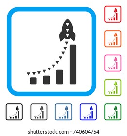 Rocket Business Bar Chart icon. Flat grey iconic symbol inside a light blue rounded frame. Black, gray, green, blue, red, orange color versions of Rocket Business Bar Chart vector.