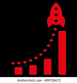 Rocket Business Bar Chart vector toolbar icon. Style is flat icon symbol, red color, black background, rhombus dots.