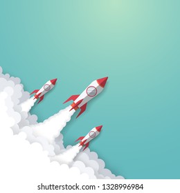 Concepto de negocio de cohetes. La competencia de cohetes está volando hacia el cielo mientras vuela sobre un cielo nublado. Objetivo de éxito empresarial. Liderazgo de gerentes. Inicio de negocio. Idea creativa. Vector de ilustración 