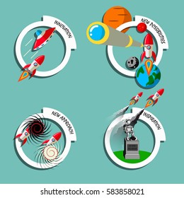 Rocket business flat art style vector set. Stock illustration of innovation, new approach, inspiration, new possibilities. Conceptual icon, banner, logo, advertisement, presentation element.
