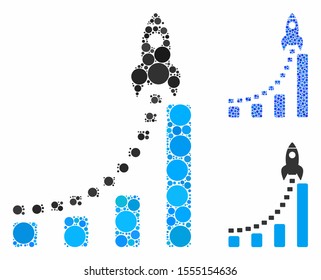 Rocket business start composition of circle elements in different sizes and color tinges, based on rocket business start icon. Vector circle elements are composed into blue composition.