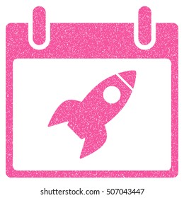 Rocket Calendar Day grainy textured icon for overlay watermark stamps. Flat symbol with dust texture. Dotted vector pink ink rubber seal stamp with grunge design on a white background.