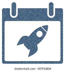 Rocket Calendar Day grainy textured icon for overlay watermark stamps. Flat symbol with dirty texture. Dotted vector blue ink rubber seal stamp with grunge design on a white background.