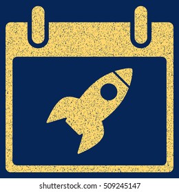 Rocket Calendar Day grainy textured icon for overlay watermark stamps. Flat symbol with dirty texture. Dotted vector yellow ink rubber seal stamp with grunge design on a blue background.