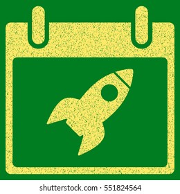 Rocket Calendar Day grainy textured icon for overlay watermark stamps. Flat symbol with dust texture. Dotted vector yellow ink rubber seal stamp with grunge design on a green background.