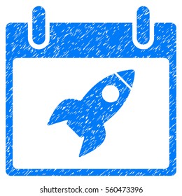 Rocket Calendar Day grainy textured icon for overlay watermark stamps. Flat symbol with dirty texture. Dotted vector blue ink rubber seal stamp with grunge design on a white background.