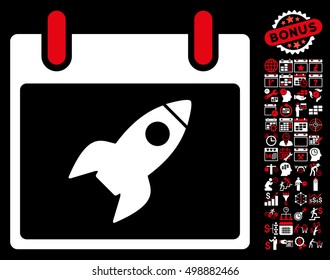 Rocket Calendar Day icon with bonus calendar and time management pictograms. Vector illustration style is flat iconic symbols, red and white, black background.