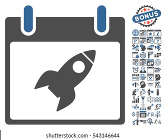 Rocket Calendar Day icon with bonus calendar and time management graphic icons. Vector illustration style is flat iconic symbols, cobalt and gray, white background.