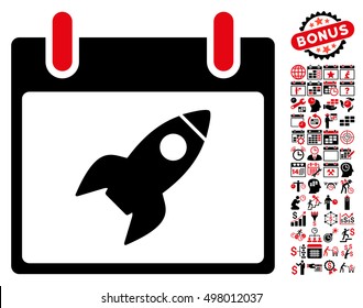 Rocket Calendar Day pictograph with bonus calendar and time management images. Vector illustration style is flat iconic symbols, intensive red and black, white background.