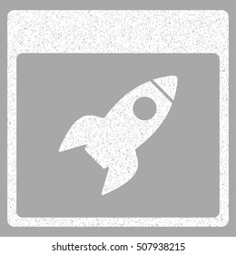 Rocket Calendar Page grainy textured icon for overlay watermark stamps. Flat symbol with scratched texture. Dotted vector white ink rubber seal stamp with grunge design on a silver background.