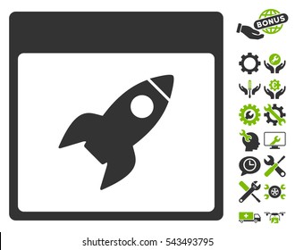 Rocket Calendar Page icon with bonus options pictograph collection. Vector illustration style is flat iconic symbols, eco green and gray, white background.