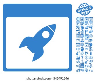 Rocket Calendar Page icon with bonus calendar and time management symbols. Vector illustration style is flat iconic symbols, cobalt, white background.