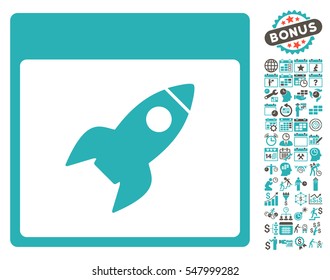 Rocket Calendar Page icon with bonus calendar and time management pictograph collection. Vector illustration style is flat iconic symbols, grey and cyan, white background.