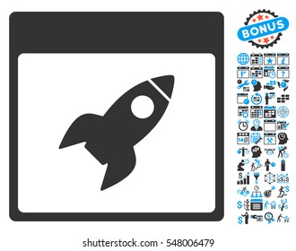 Rocket Calendar Page icon with bonus calendar and time management clip art. Vector illustration style is flat iconic symbols, blue and gray, white background.