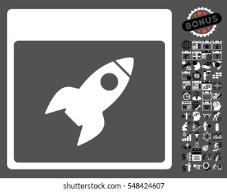 Rocket Calendar Page icon with bonus calendar and time management pictures. Vector illustration style is flat iconic symbols, black and white, gray background.