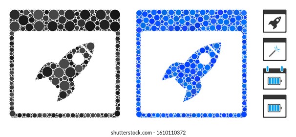 Rocket calendar page mosaic of filled circles in various sizes and shades, based on rocket calendar page icon. Vector small circles are organized into blue mosaic.