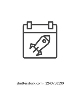 Rocket Calendar Page outline icon. linear style sign for mobile concept and web design. Business startup day simple line vector icon. Symbol, logo illustration. Pixel perfect vector graphics