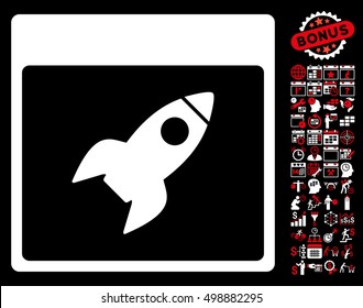 Rocket Calendar Page pictograph with bonus calendar and time management graphic icons. Vector illustration style is flat iconic symbols, red and white, black background.