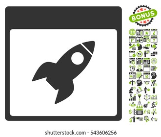 Rocket Calendar Page pictograph with bonus calendar and time management graphic icons. Vector illustration style is flat iconic symbols, eco green and gray, white background.